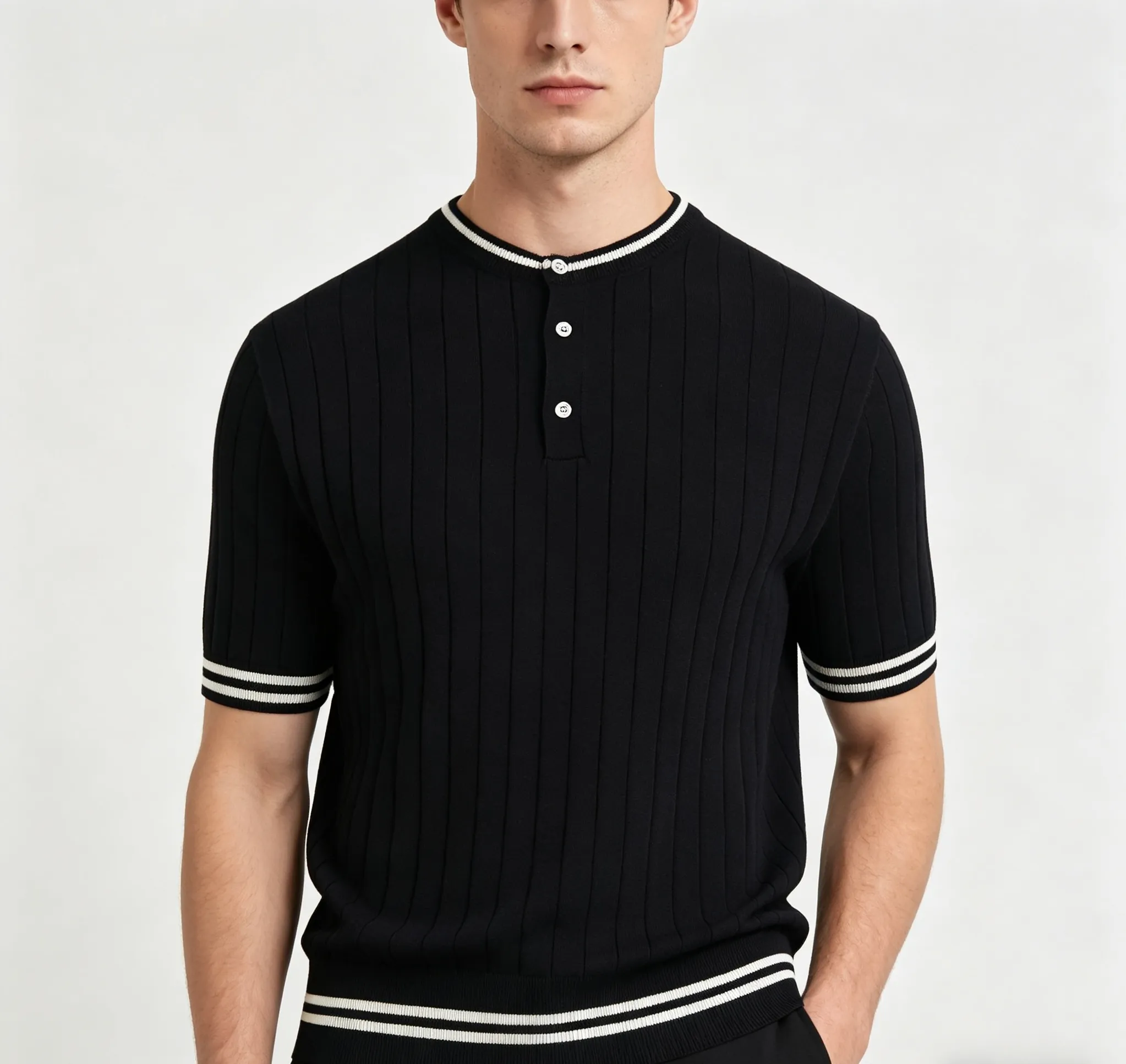 [Upper Body Picture] BC Old Money Style Cable Henley Collar Knitted Short Sleeves (Black)